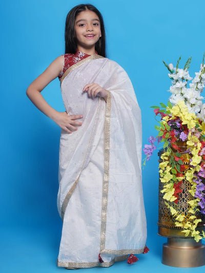 Kids White Maroon Traditional Ready to wear Saree & Stitched Blouse UK Next Day - BONYHUBLehangas