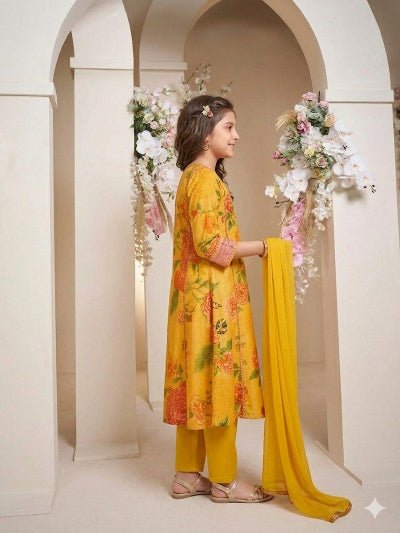 Kids Yellow Floral Print Kurta Suit | 3 Piece Festive Outfit - BONYHUBLehangas