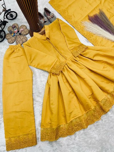 Kids Yellow Lace Suit | 3 Piece Festive A-Line Outfit - BONYHUBLehangas