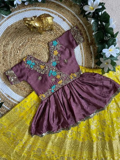 Kids Yellow &amp; Purple Peplum Chinon Silk Lehenga Blouse Set - BONYHUBLehangas