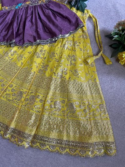 Kids Yellow &amp; Purple Peplum Chinon Silk Lehenga Blouse Set - BONYHUBLehangas