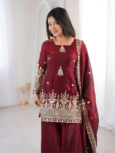 Maroon Embroidered Kurta, Sharara &amp; Dupatta Set