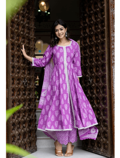 Lavender Cotton Anarkali Suit Set - BONYHUBSALWAR KAMEEZ