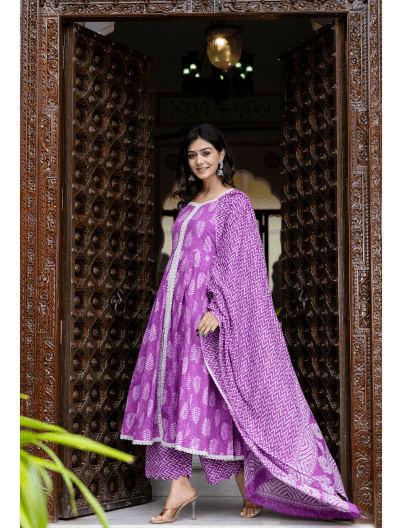 Lavender Cotton Anarkali Suit Set - BONYHUBSALWAR KAMEEZ