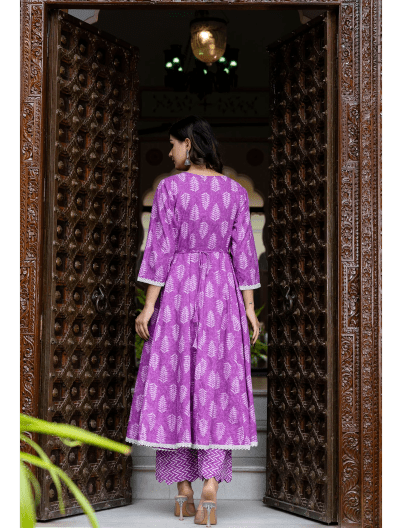 Lavender Cotton Anarkali Suit Set - BONYHUBSALWAR KAMEEZ