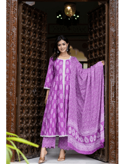 Lavender Cotton Anarkali Suit Set - BONYHUBSALWAR KAMEEZ