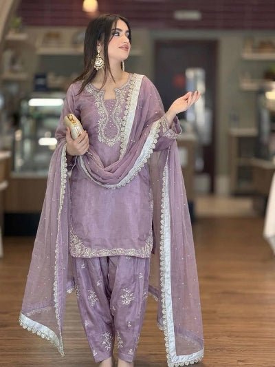 Lavender Cream Glass Silk Embroidered Farshi Suit - BONYHUBSALWAR KAMEEZ