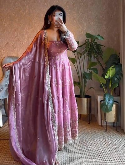 Lavender Designer Fendy Silk Embroidery Anarkali Suit - BONYHUBSALWAR KAMEEZ
