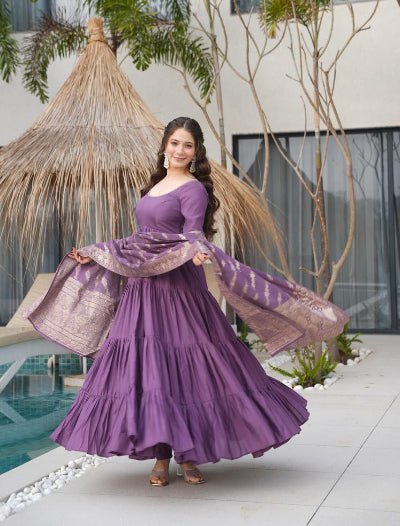 Lavender Flair Anarkali Suit With Jacquard Banarasi Dupatta - BONYHUBSALWAR KAMEEZ