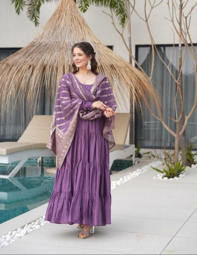 Lavender Flair Anarkali Suit With Jacquard Banarasi Dupatta - BONYHUBSALWAR KAMEEZ