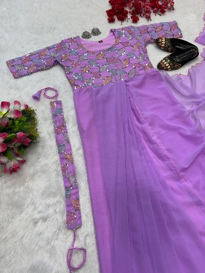Lavender Georgette Zip & Go 10 Second Saree Gown UK Next Day - BONYHUBSAREE