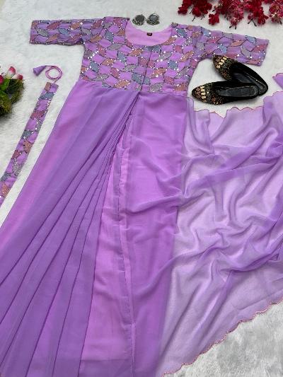 Lavender Georgette Zip & Go 10 Second Saree Gown UK Next Day - BONYHUBSAREE