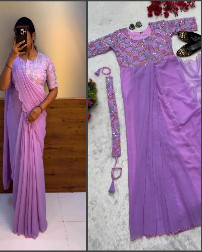 Lavender Georgette Zip & Go 10 Second Saree Gown UK Next Day - BONYHUBSAREE