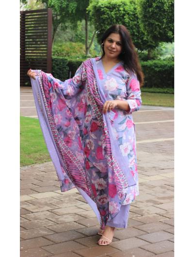 Lavender Hand Work Printed Salwar Suit (Set of 3) - BONYHUBSALWAR KAMEEZ