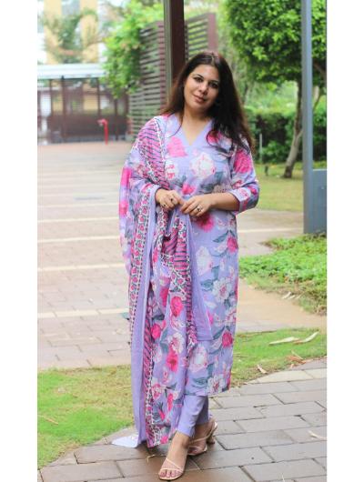 Lavender Hand Work Printed Salwar Suit (Set of 3) - BONYHUBSALWAR KAMEEZ