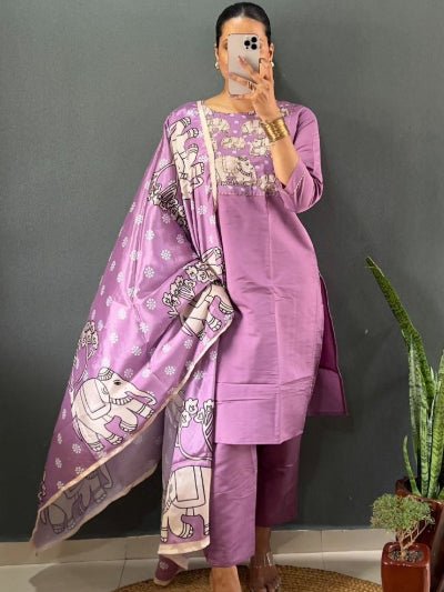 Lavender Roman Silk Elephant Print Salwar Suit Set - BONYHUBSALWAR KAMEEZ