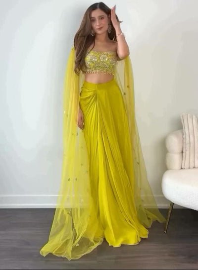 Lemon Yellow Chinon Silk Dhoti, Shrug & Choli Set UK Next Day - BONYHUBSALWAR KAMEEZ