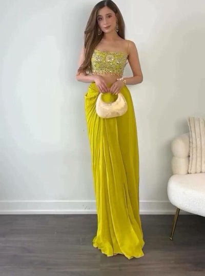 Lemon Yellow Chinon Silk Dhoti, Shrug & Choli Set UK Next Day - BONYHUBSALWAR KAMEEZ