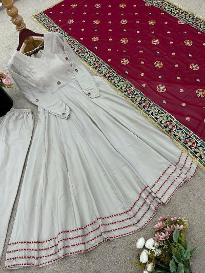 Light Beige Anarkali Gown Suit With Maroon Dupatta - BONYHUBSALWAR KAMEEZ