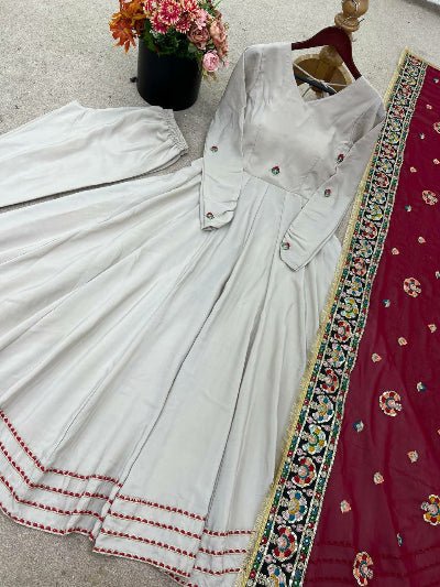 Light Beige Anarkali Gown Suit With Maroon Dupatta - BONYHUBSALWAR KAMEEZ