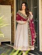 Light Beige Anarkali Gown Suit With Maroon Dupatta - BONYHUBSALWAR KAMEEZ
