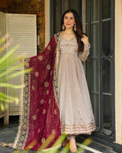 Light Beige Anarkali Gown Suit With Maroon Dupatta - BONYHUBSALWAR KAMEEZ