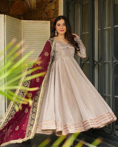 Light Beige Anarkali Gown Suit With Maroon Dupatta - BONYHUBSALWAR KAMEEZ