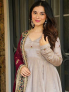Light Beige Anarkali Gown Suit With Maroon Dupatta - BONYHUBSALWAR KAMEEZ