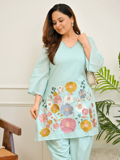 Light Blue Cotton Floral Kurta Pant Set Of 2 - BONYHUBSALWAR KAMEEZ