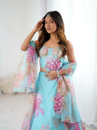 Light Blue Floral Organza Lehenga Choli Set - BONYHUBSALWAR KAMEEZ