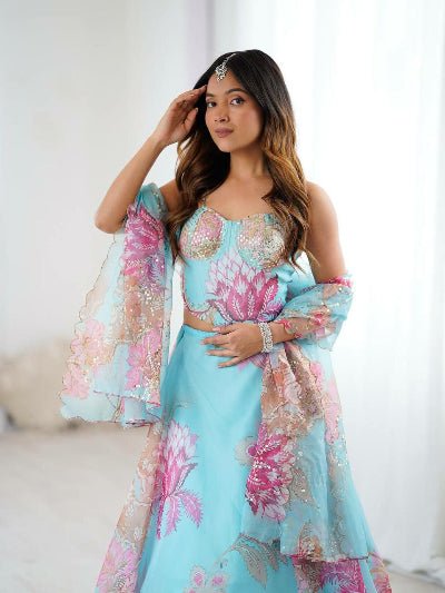 Light Blue Floral Organza Lehenga Choli Set - BONYHUBSALWAR KAMEEZ