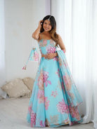 Light Blue Floral Organza Lehenga Choli Set - BONYHUBSALWAR KAMEEZ