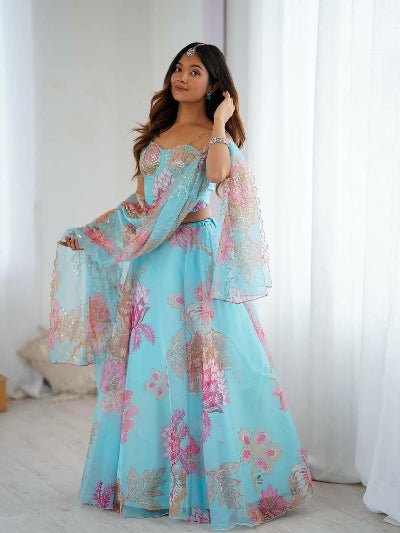 Light Blue Floral Organza Lehenga Choli Set - BONYHUBSALWAR KAMEEZ
