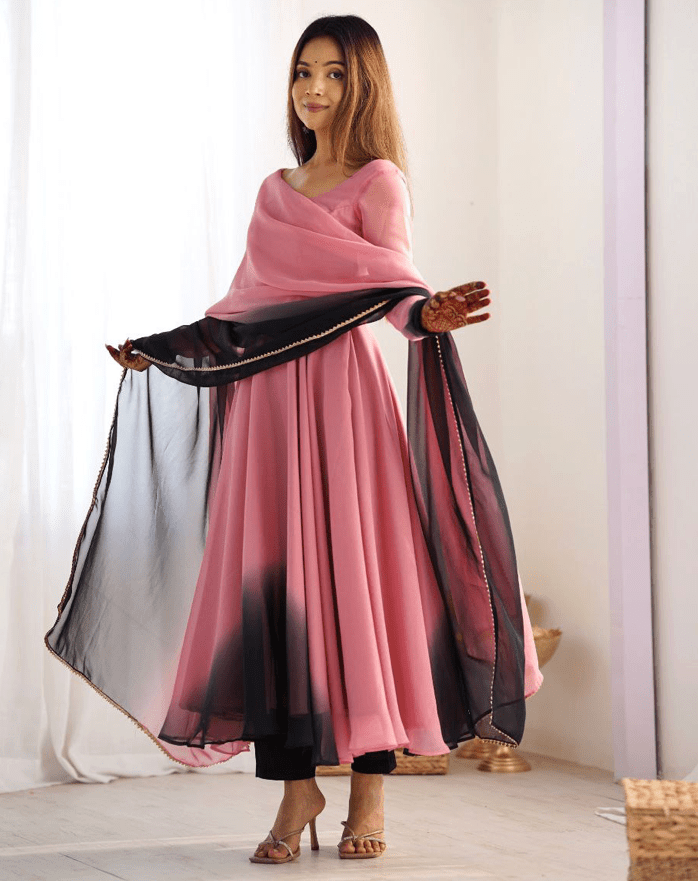 Light Pink Bollywood Black Anarkali Suit Set - BONYHUBSALWAR KAMEEZ
