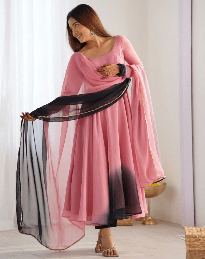 Light Pink Bollywood Black Anarkali Suit Set - BONYHUBSALWAR KAMEEZ