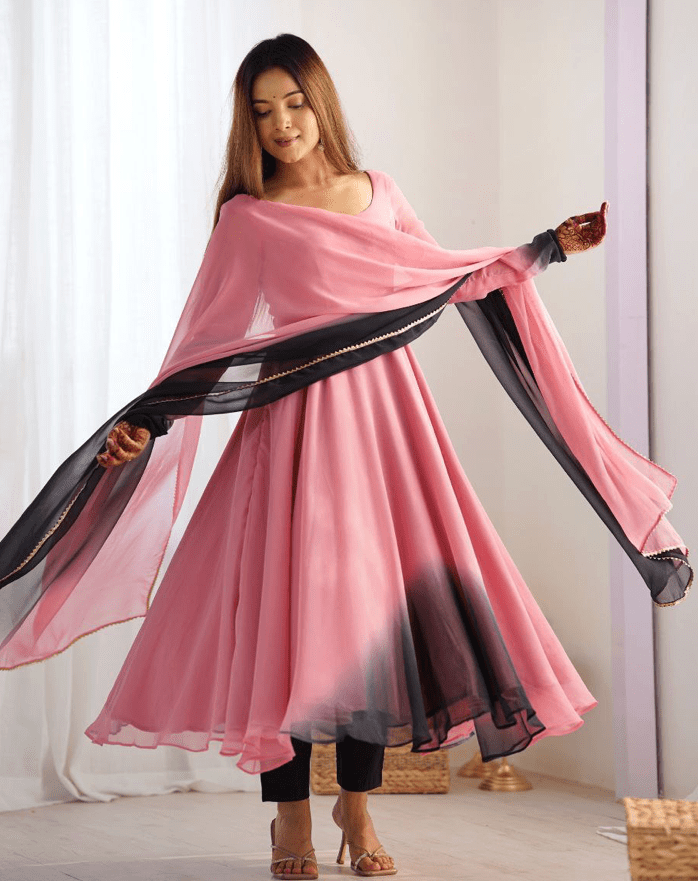 Light Pink Bollywood Black Anarkali Suit Set - BONYHUBSALWAR KAMEEZ