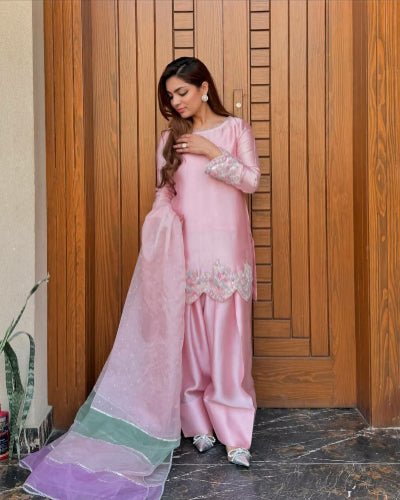 Light Pink Crepe Farshi Suit Set with Pearl & Mirror Handwork - BONYHUBSALWAR KAMEEZ