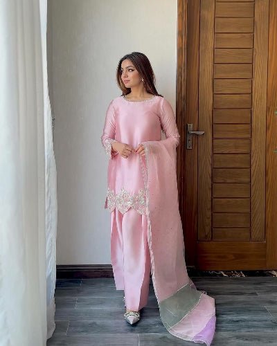 Light Pink Crepe Farshi Suit Set with Pearl & Mirror Handwork - BONYHUBSALWAR KAMEEZ