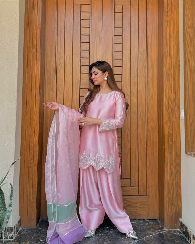 Light Pink Crepe Farshi Suit Set with Pearl & Mirror Handwork - BONYHUBSALWAR KAMEEZ