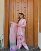 Light Pink Crepe Farshi Suit Set with Pearl & Mirror Handwork - BONYHUBSALWAR KAMEEZ