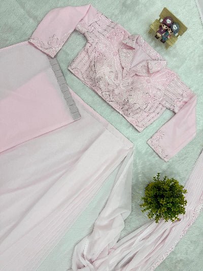 Light Pink Ready to Wear Drape Saree Embroidered Blouse - BONYHUBSAREE