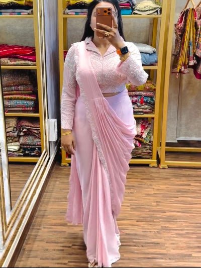 Light Pink Ready to Wear Drape Saree Embroidered Blouse - BONYHUBSAREE