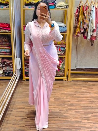 Light Pink Ready to Wear Drape Saree Embroidered Blouse - BONYHUBSAREE