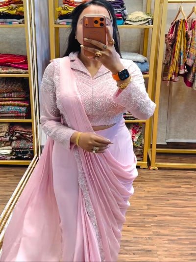 Light Pink Ready to Wear Drape Saree Embroidered Blouse - BONYHUBSAREE