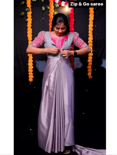 Lilac 10 Second Saree Satin Ethnic Gown Stitched Blouse - BONYHUBSAREE