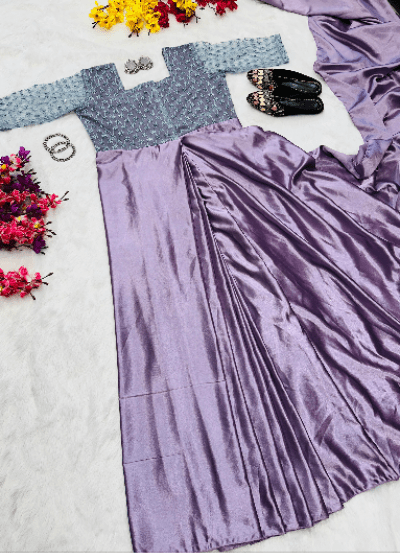 Lilac 10 Second Saree Satin Ethnic Gown Stitched Blouse - BONYHUBSAREE