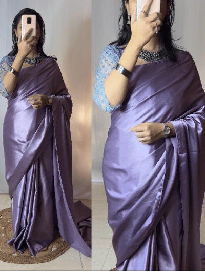 Lilac 10 Second Saree Satin Ethnic Gown Stitched Blouse - BONYHUBSAREE
