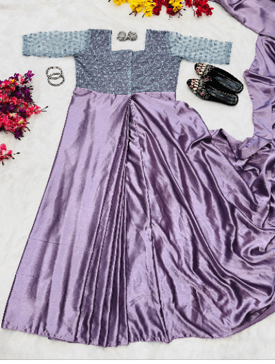 Lilac 10 Second Saree Satin Ethnic Gown Stitched Blouse - BONYHUBSAREE