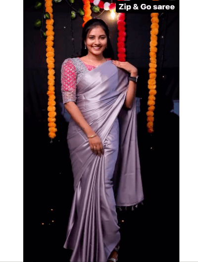 Lilac 10 Second Saree Satin Ethnic Gown Stitched Blouse - BONYHUBSAREE