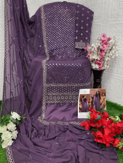 Lilac Bridal Embroidery Georgette Salwar Suit UK Next Day - BONYHUBSALWAR KAMEEZ